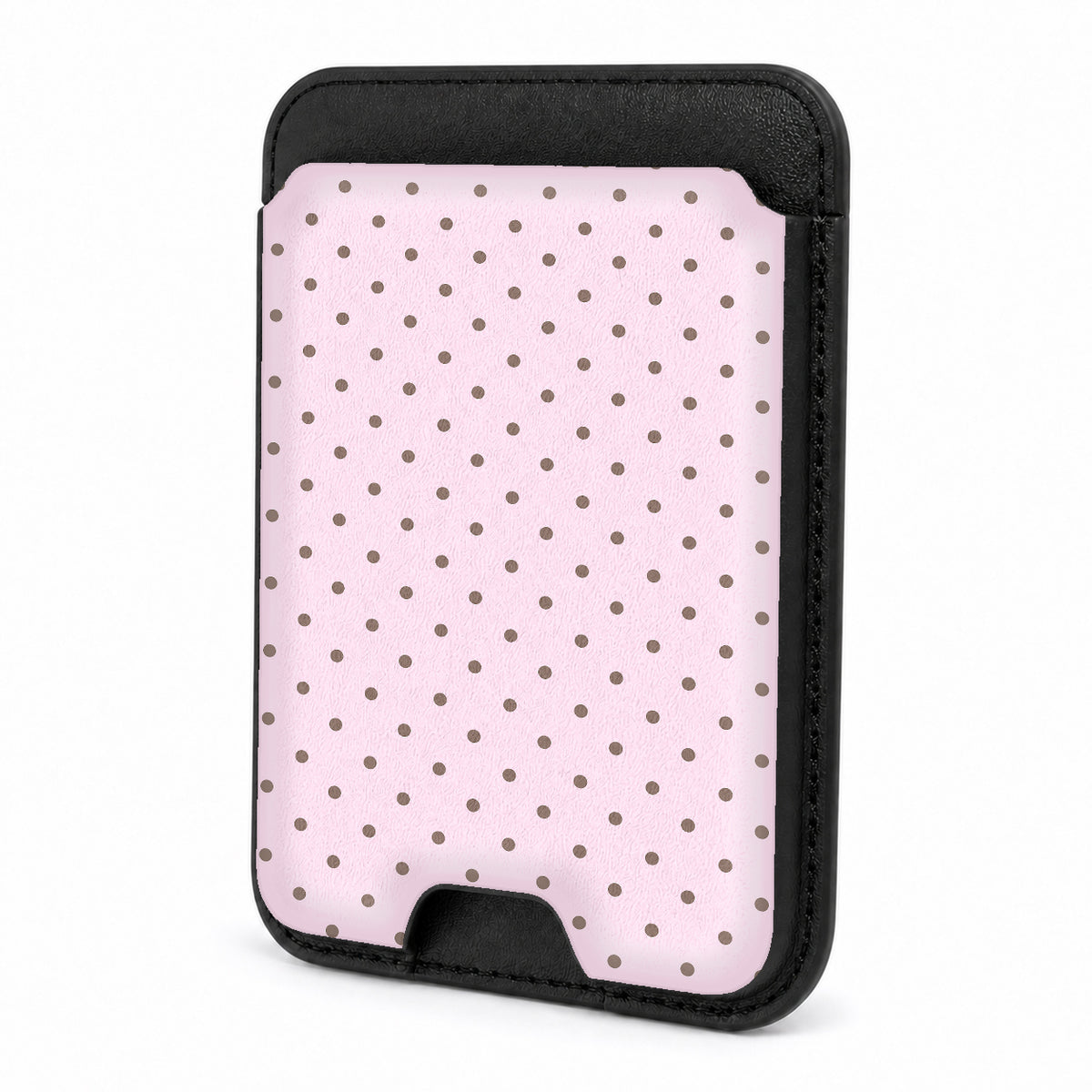 Front view of the Blush Pink Mini Polka Dot MagSafe card holder on a white background