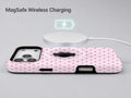 Blush Pink Mini Polka Dot MagSafe Loop iPhone Case shown with a MagSafe-compatible wireless charger attached
