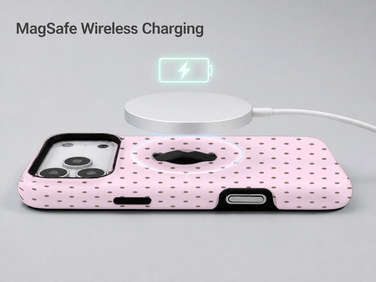 Blush Pink Mini Polka Dot MagSafe Loop iPhone Case shown with a MagSafe-compatible wireless charger attached