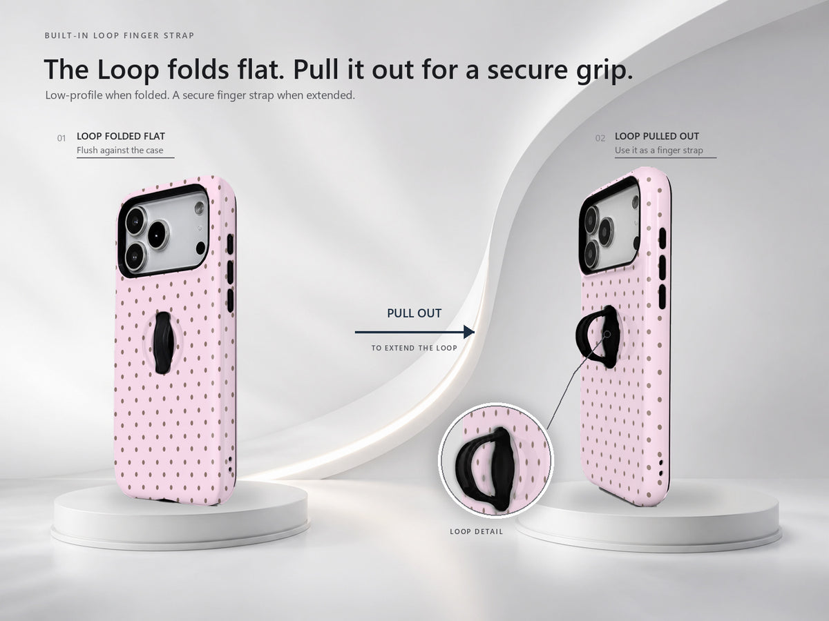 Blush Pink Mini Polka Dot MagSafe Loop iPhone Case side view showing the built-in finger loop
