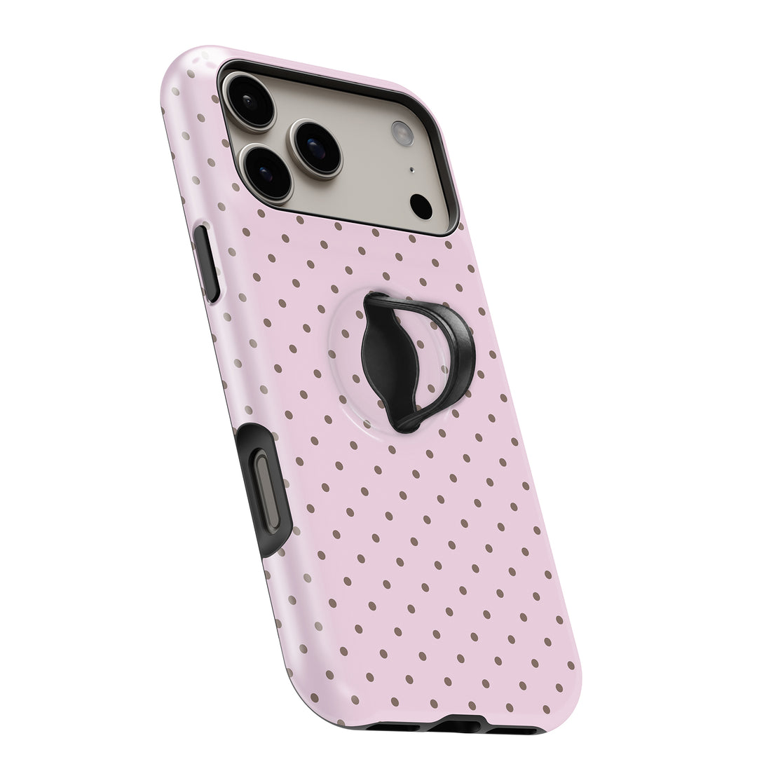 Blush Pink Mini Polka Dot MagSafe Loop iPhone case with built-in finger loop open
