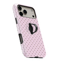 Blush Pink Mini Polka Dot MagSafe Loop iPhone case with built-in finger loop open