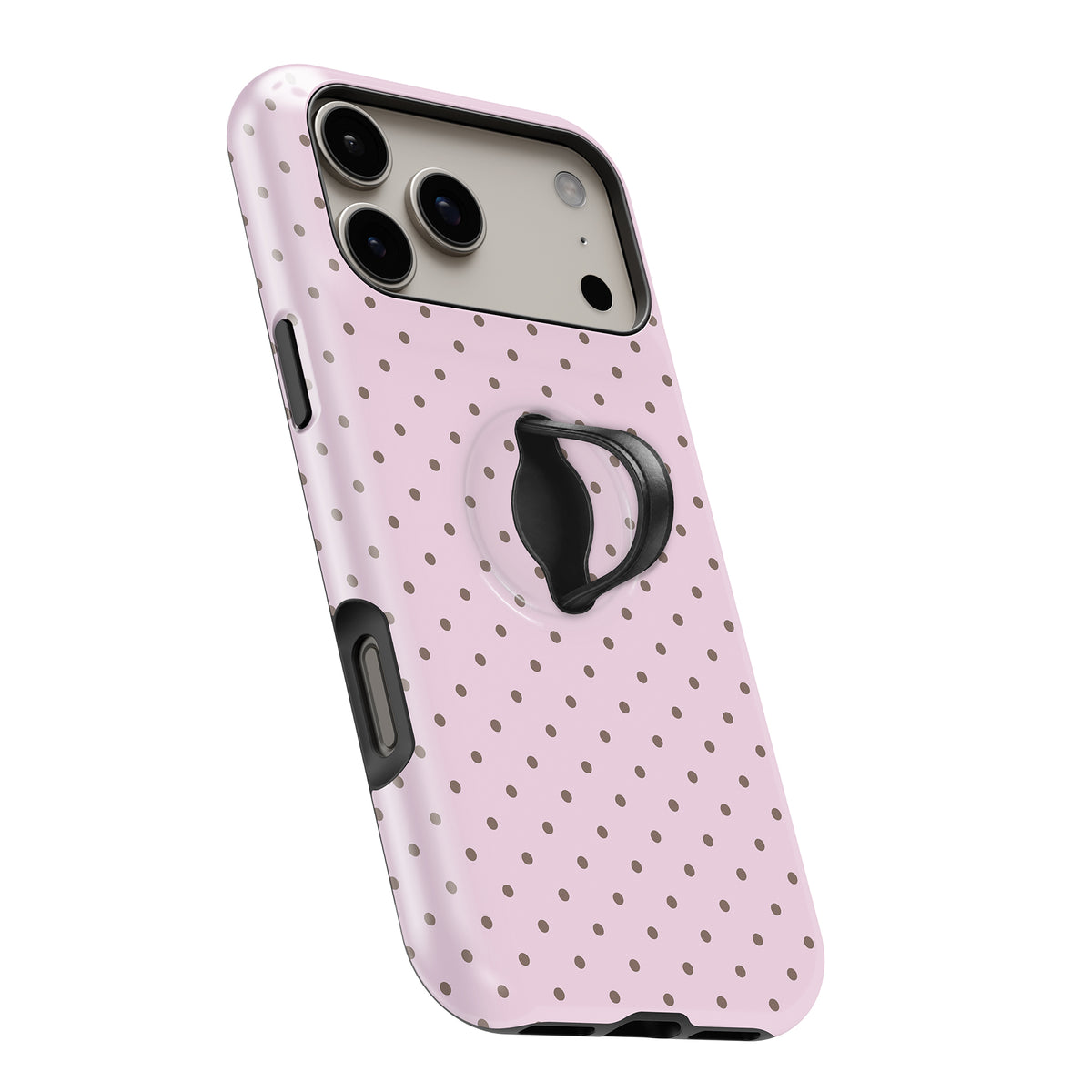 Blush Pink Mini Polka Dot MagSafe Loop iPhone case with built-in finger loop open