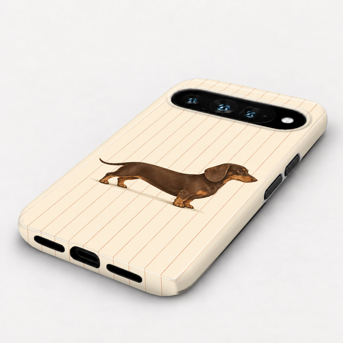 Brown Dachshund on Cream Pinstripes Google Pixel Case - angled bottom view