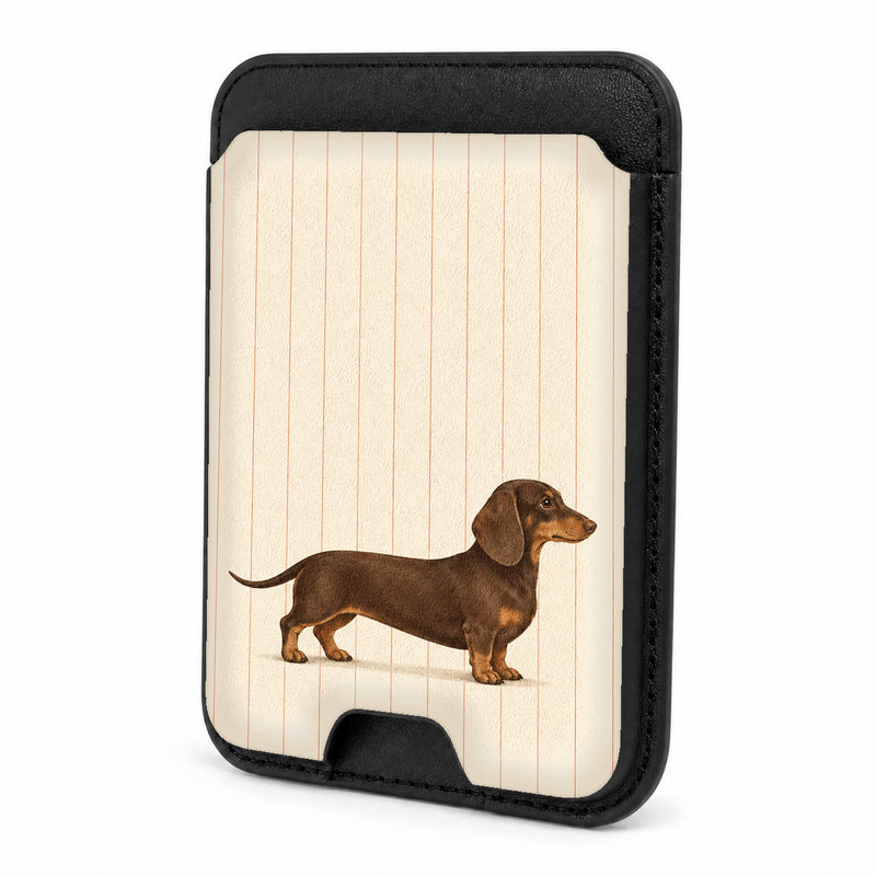 Brown Dachshund on Cream Pinstripes MagSafe Card Holder, front view
