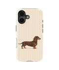 Brown Dachshund on Cream Pinstripes MagSafe iPhone Tough Case, rear view, iPhone16+16Plus+17 model image group