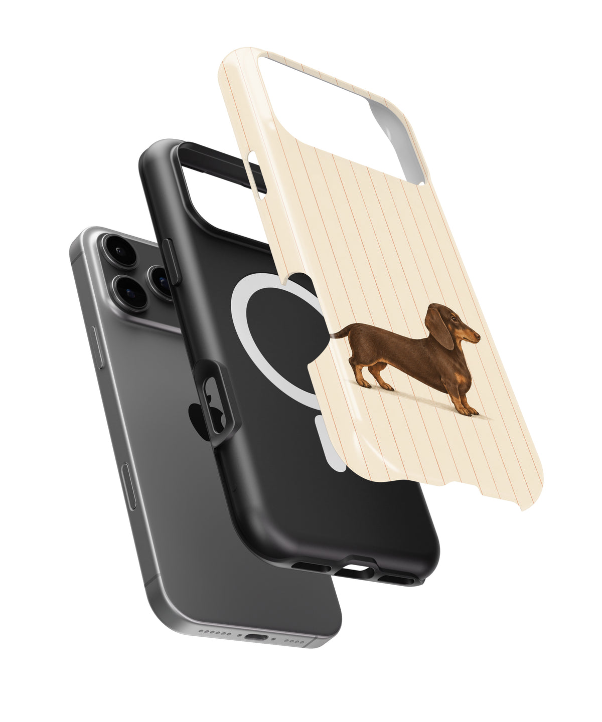 Brown Dachshund on Cream Pinstripes MagSafe iPhone Tough Case, exploded view showing outer shell, inner layer and magnetic ring