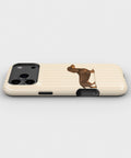 Brown Dachshund on Cream Pinstripes MagSafe iPhone Tough Case, side view showing case edges
