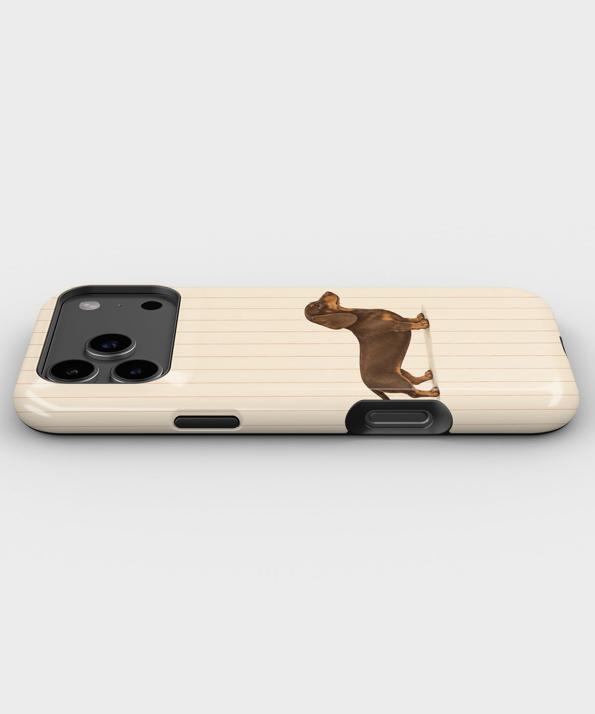 Brown Dachshund on Cream Pinstripes MagSafe iPhone Tough Case, side view showing case edges
