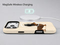 Brown Dachshund on Cream Pinstripes MagSafe Loop Case, shown with a MagSafe wireless charger
