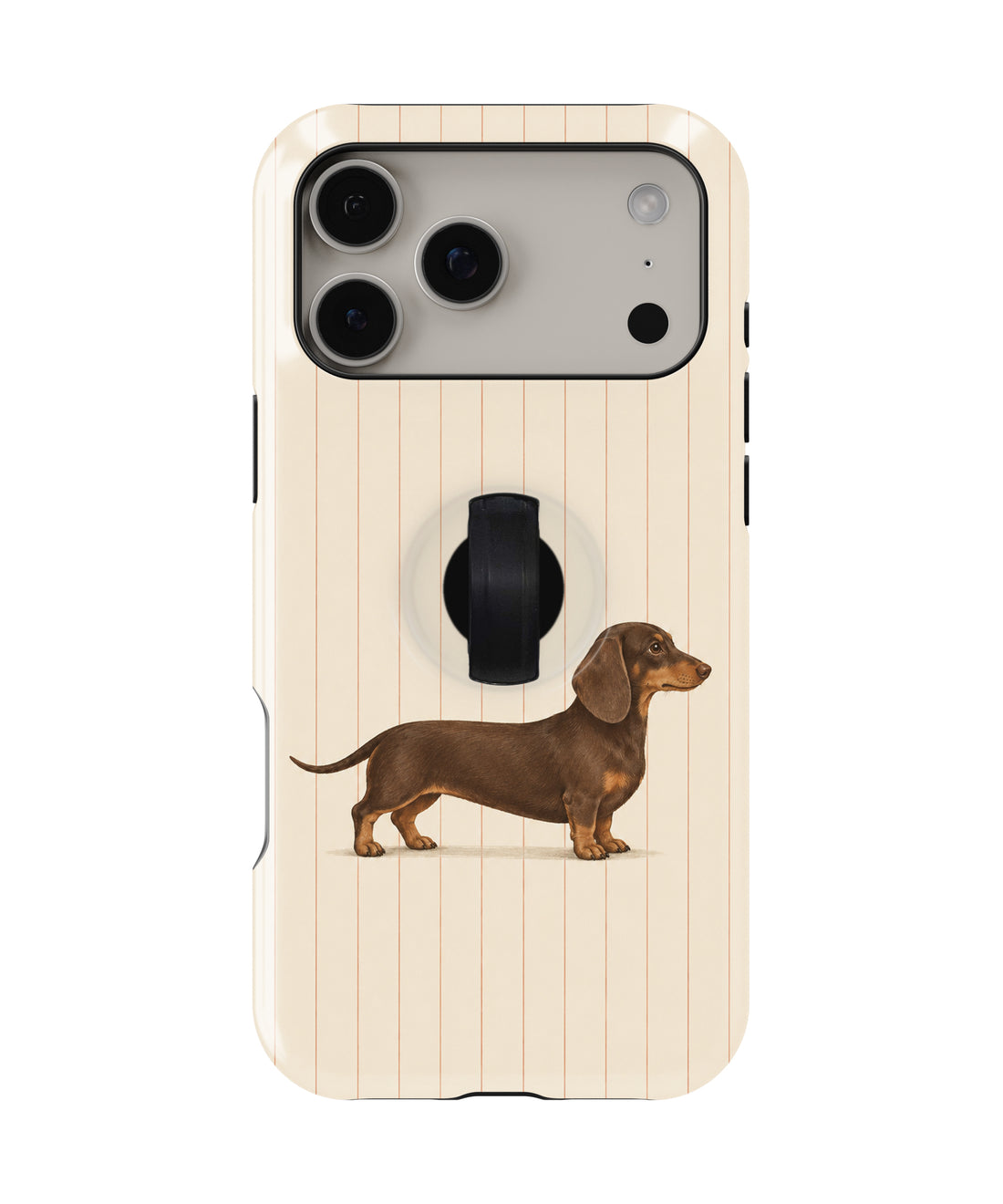 Brown Dachshund on Cream Pinstripes MagSafe Loop Case, rear view with finger loop folded flat