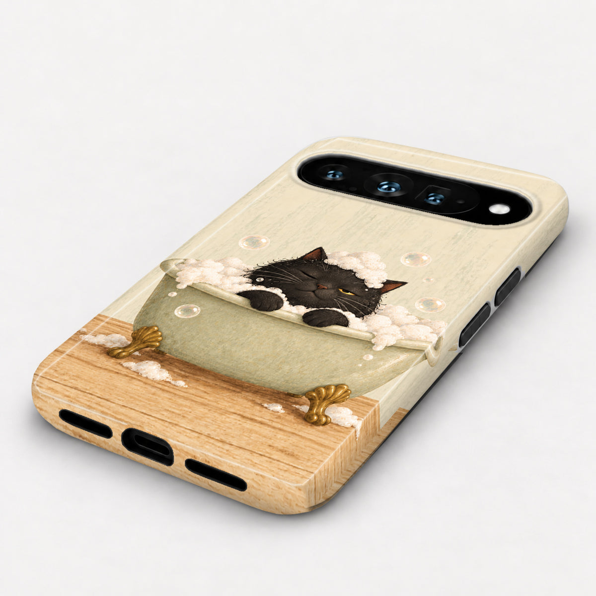Bubble Bath Black Cat Google Pixel Case - angled bottom view