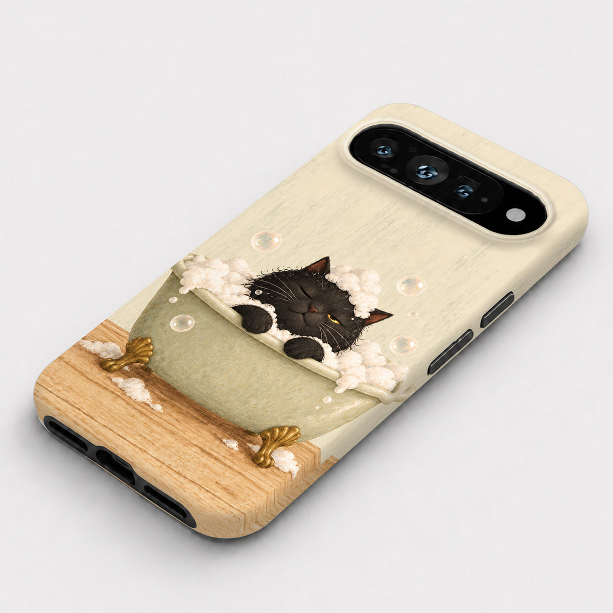 Bubble Bath Black Cat Google Pixel Case - flat angled view