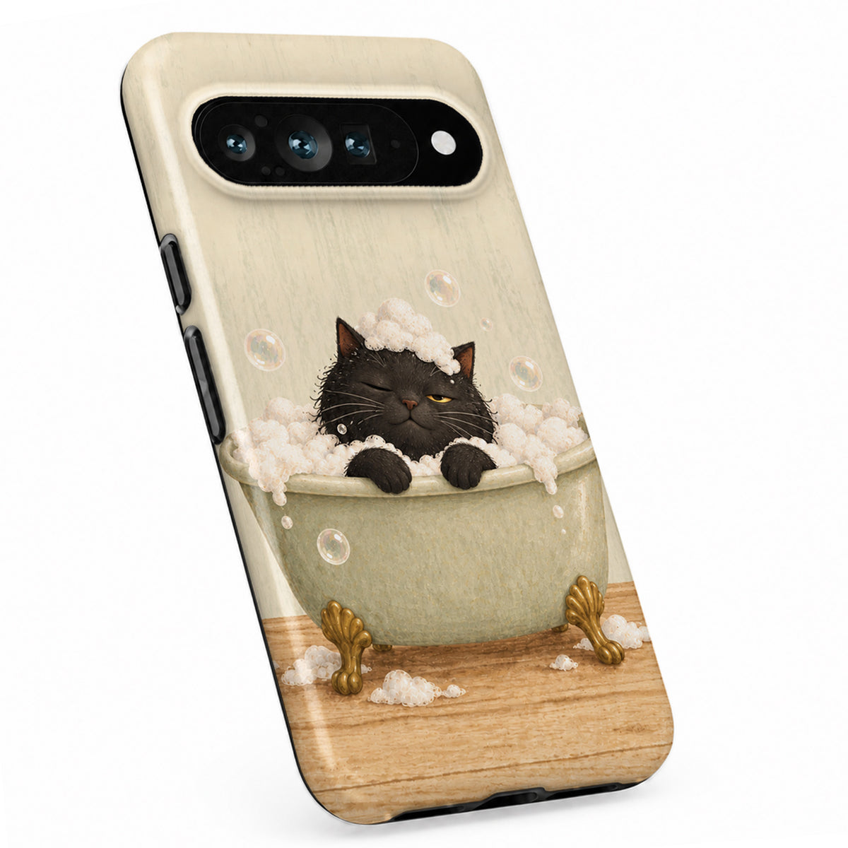 Bubble Bath Black Cat Google Pixel Case - standing angled view