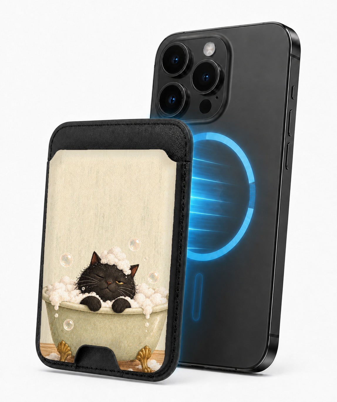 Bubble Bath Black Cat MagSafe Card Holder, magnetic attachment to a compatible iPhone