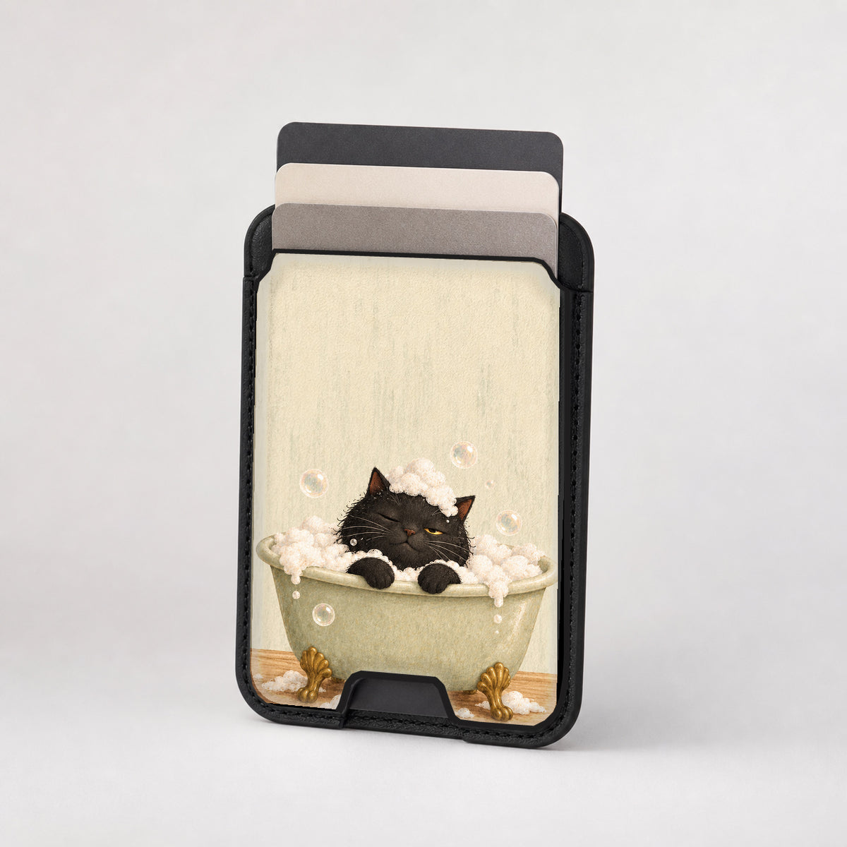 Bubble Bath Black Cat MagSafe Card Holder, card storage shown with cards