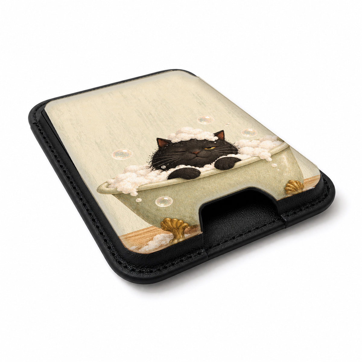 Bubble Bath Black Cat MagSafe Card Holder, angled view showing the thumb access opening
