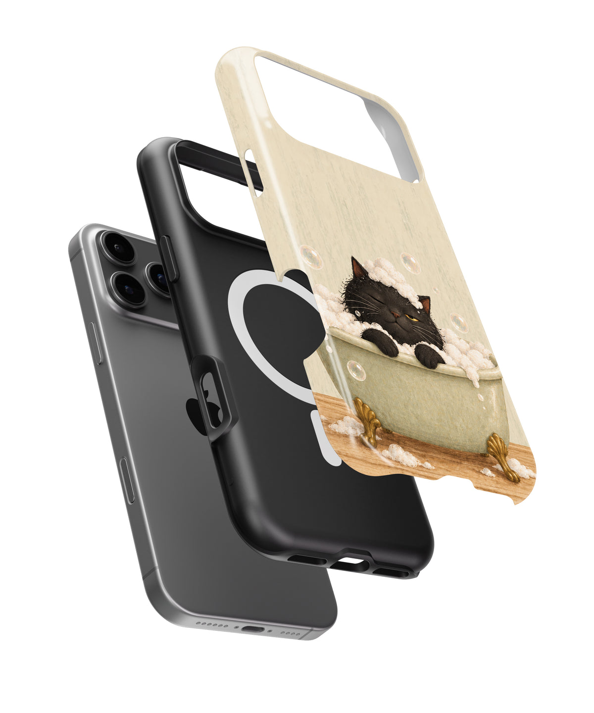 Bubble Bath Black Cat MagSafe iPhone Tough Case, exploded view showing outer shell, inner layer and magnetic ring