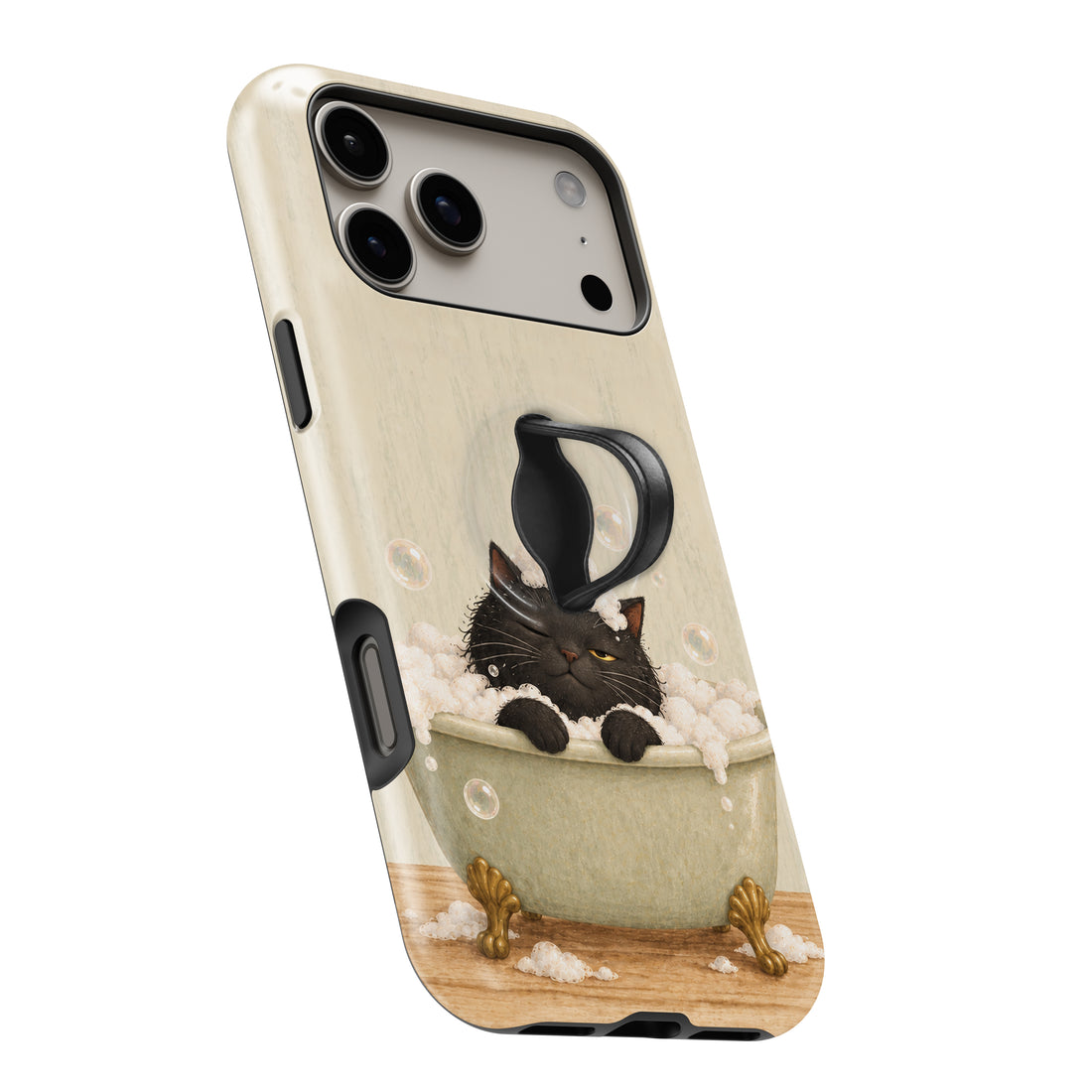 Bubble Bath Black Cat MagSafe Loop Case, angled view with finger loop extended
