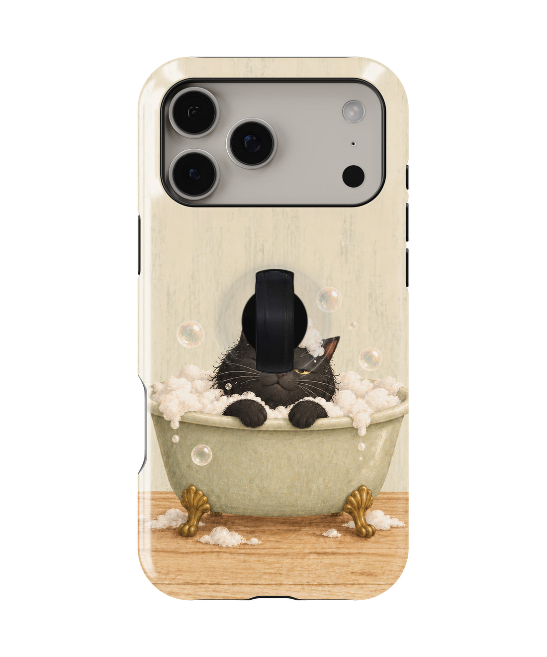 Bubble Bath Black Cat MagSafe Loop Case, rear view with finger loop folded flat