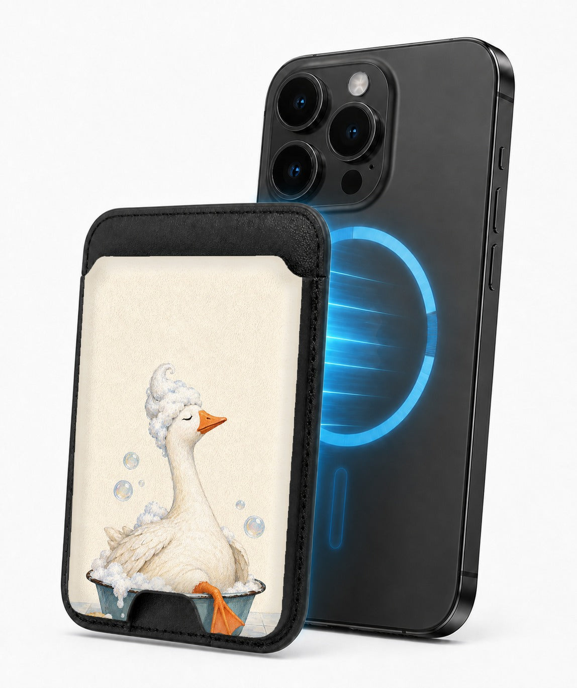 Bubble Bath Goose MagSafe Card Holder, magnetic attachment to a compatible iPhone