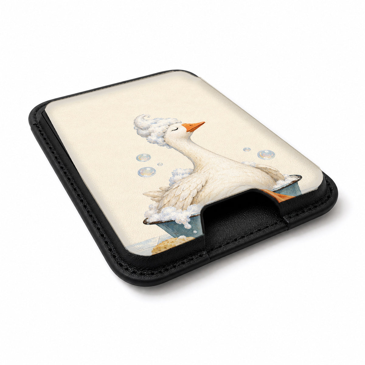 Bubble Bath Goose MagSafe Card Holder, angled view showing the thumb access opening