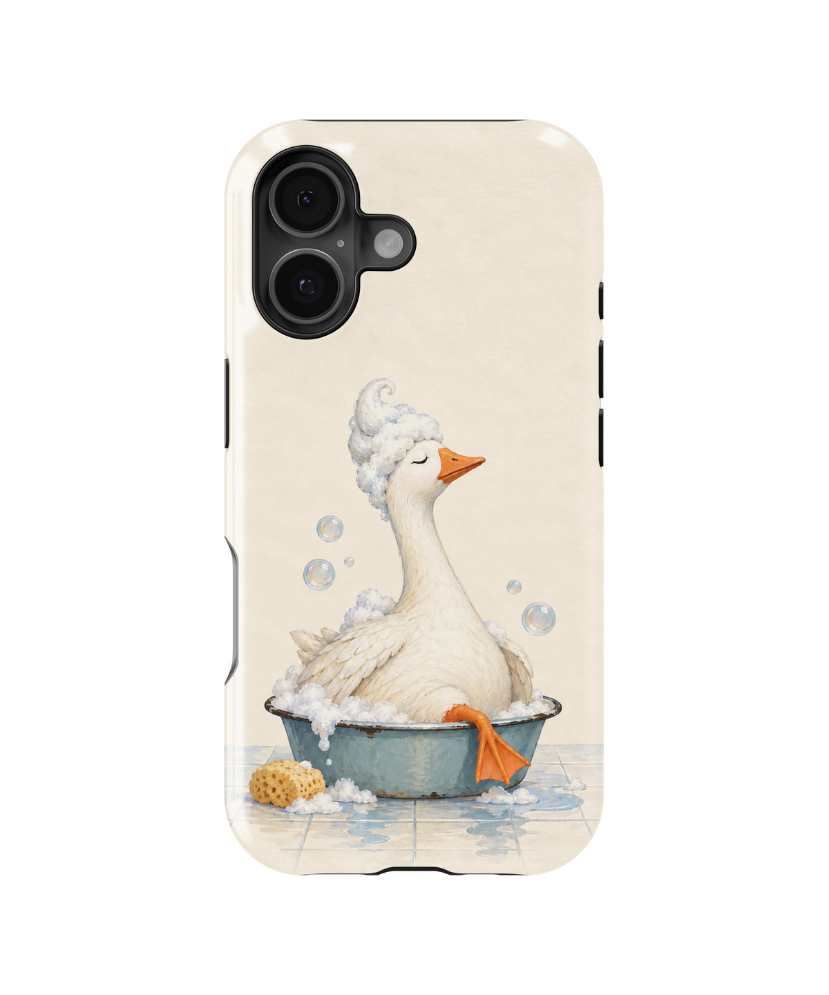 Bubble Bath Goose MagSafe iPhone Tough Case, rear view, iPhone16+16Plus+17 model image group