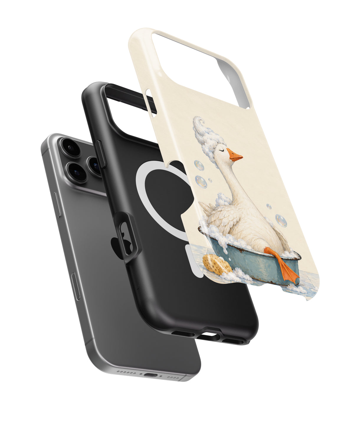 Bubble Bath Goose MagSafe iPhone Tough Case, exploded view showing outer shell, inner layer and magnetic ring
