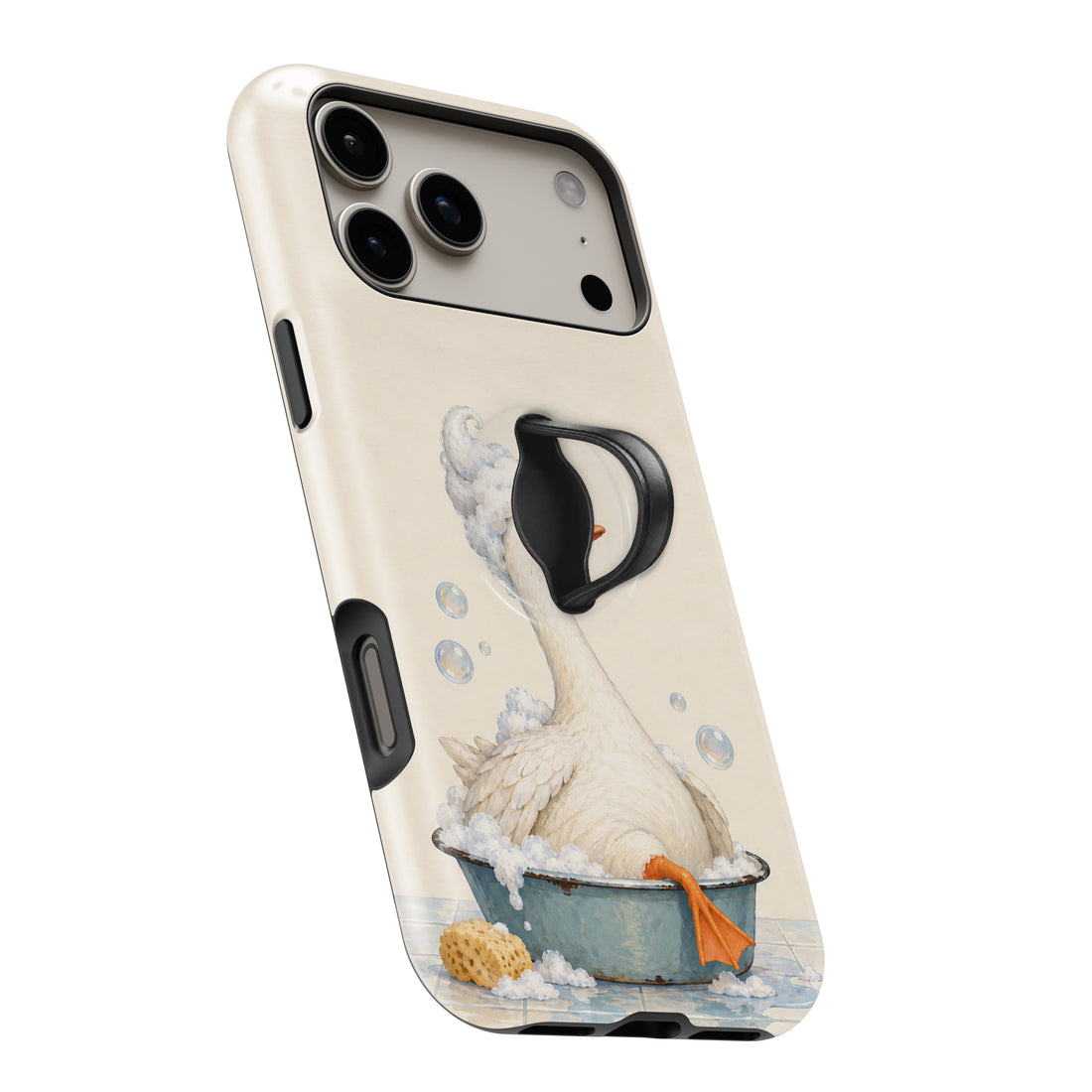 Bubble Bath Goose MagSafe Loop Case, angled view with finger loop extended