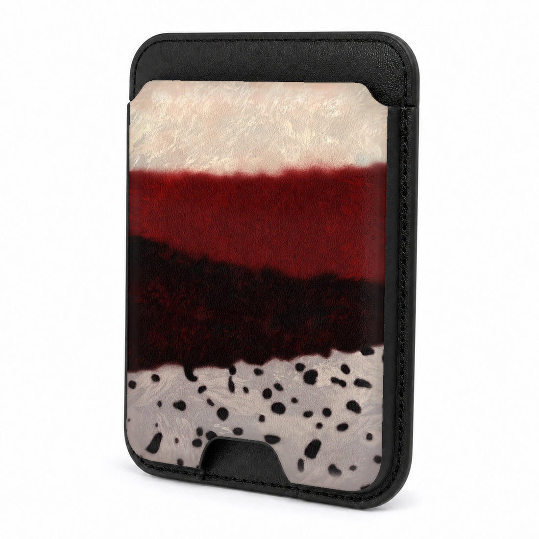 Front view of the Burgundy Cream Abstract Animal Print MagSafe card holder on a white background