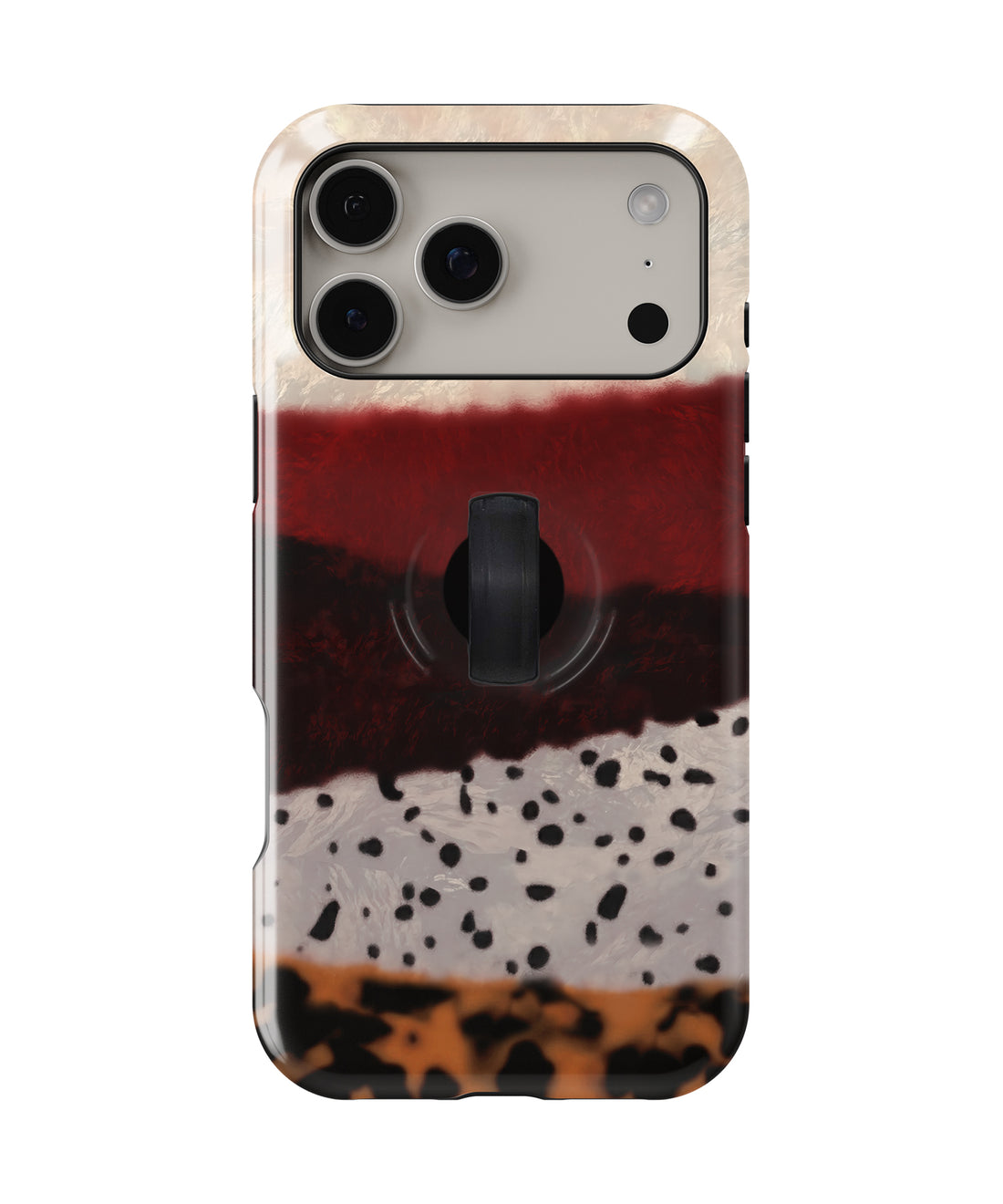 Burgundy Cream Abstract Animal Print MagSafe Loop iPhone Case with built-in finger loop closed