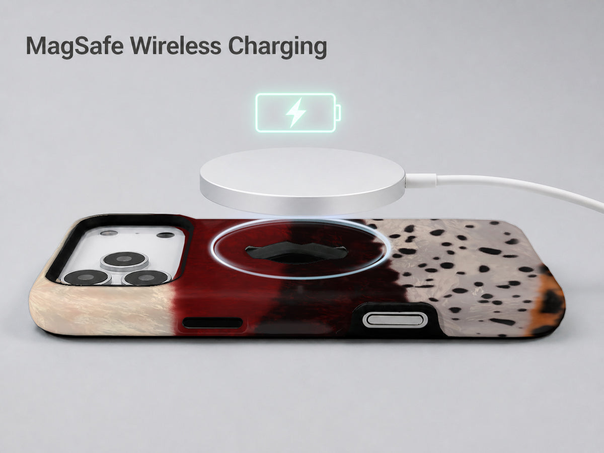 Burgundy Cream Abstract Animal Print MagSafe Loop iPhone Case shown with a MagSafe-compatible wireless charger attached