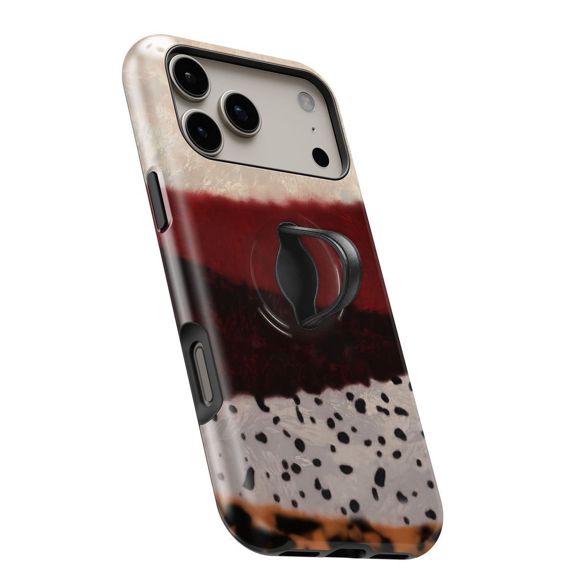 Burgundy Cream Abstract Animal Print MagSafe Loop iPhone case with built-in finger loop open