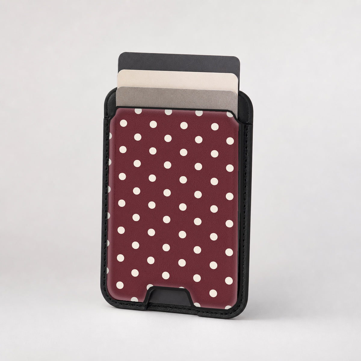 Burgundy Ivory Polka Dots MagSafe Card Holder - card storage view
