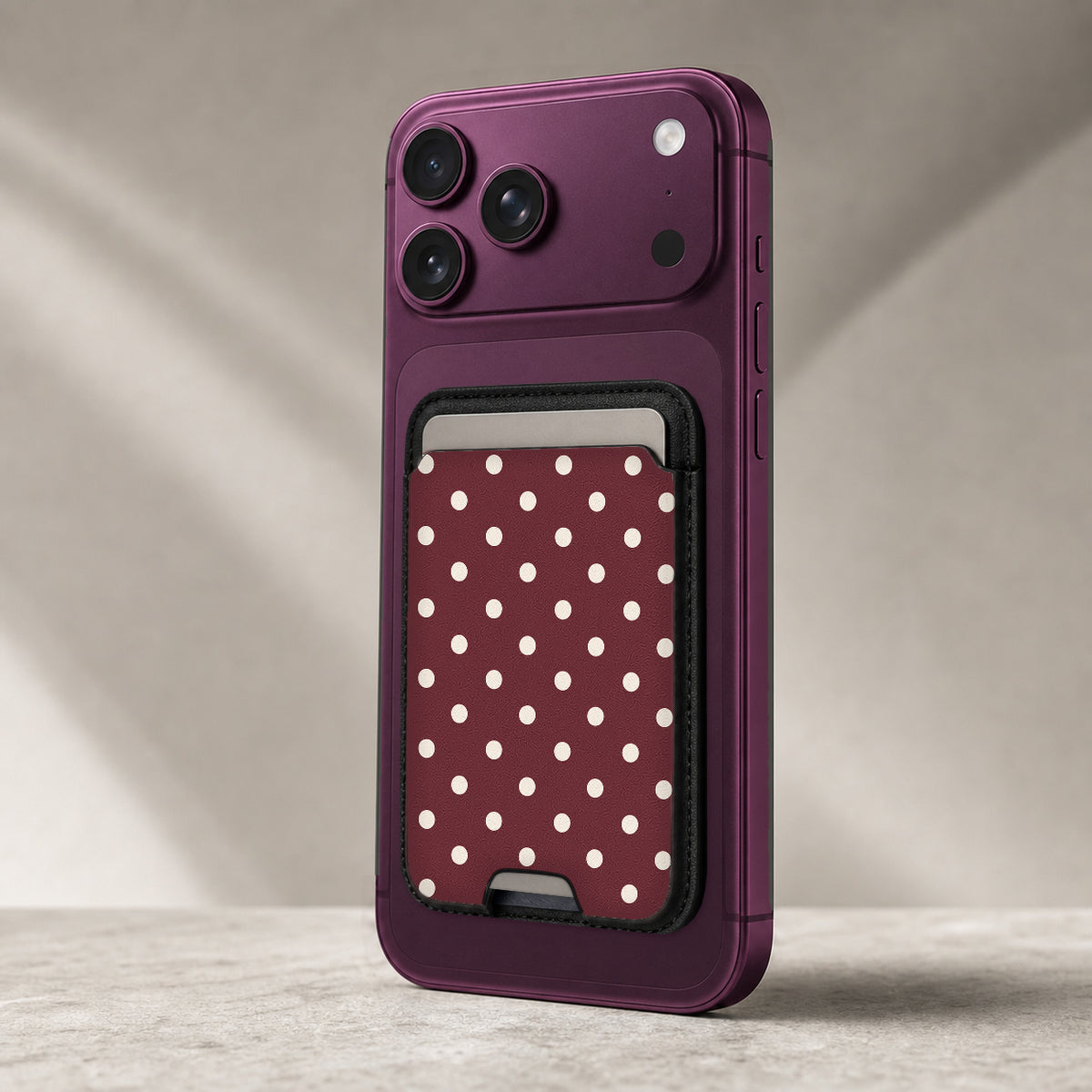 Burgundy Ivory Polka Dots MagSafe Card Holder - rear view