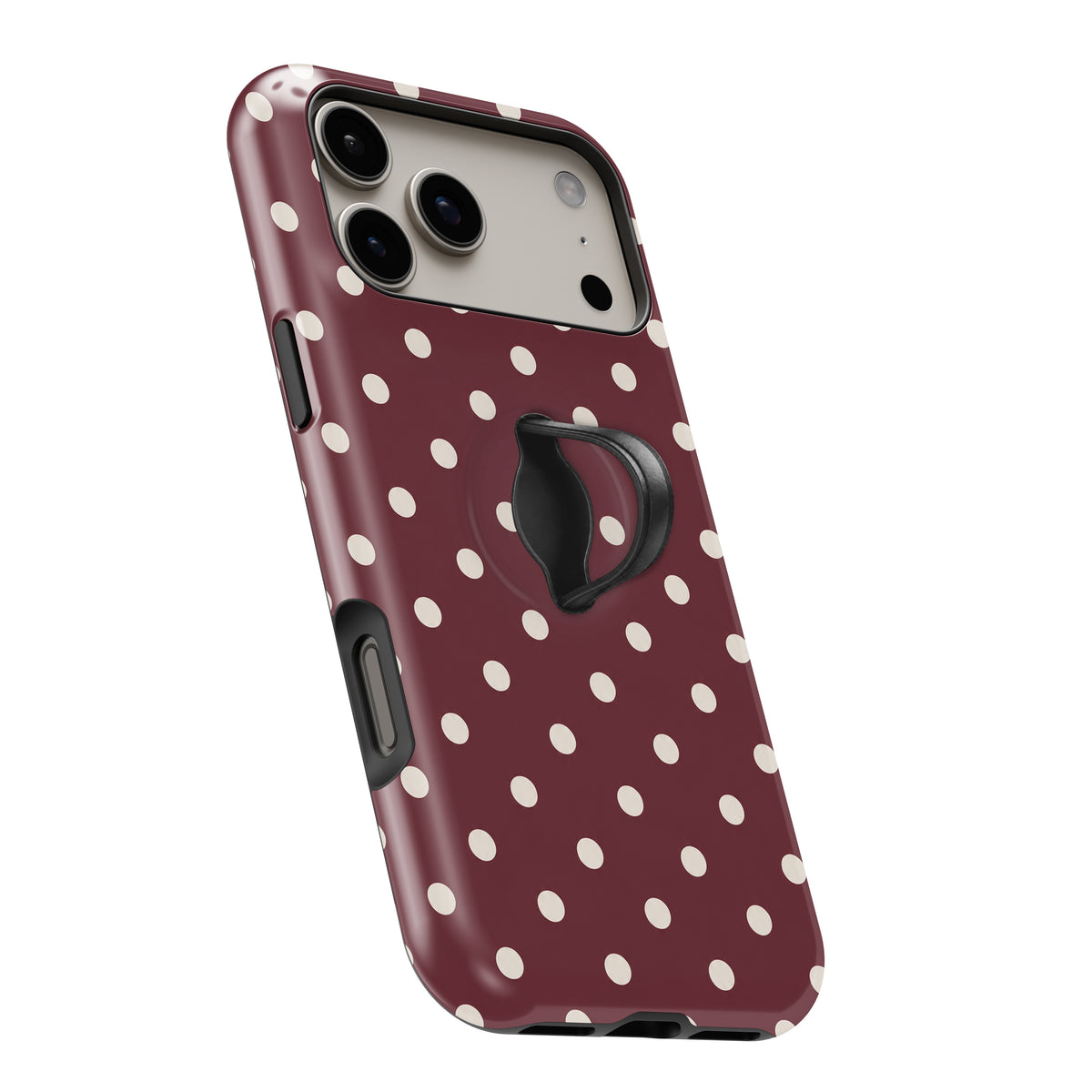 Burgundy Ivory Polka Dots MagSafe Loop iPhone Case - angled view