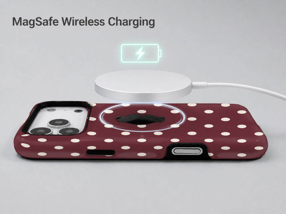 Burgundy Ivory Polka Dots MagSafe Loop iPhone Case - kickstand view