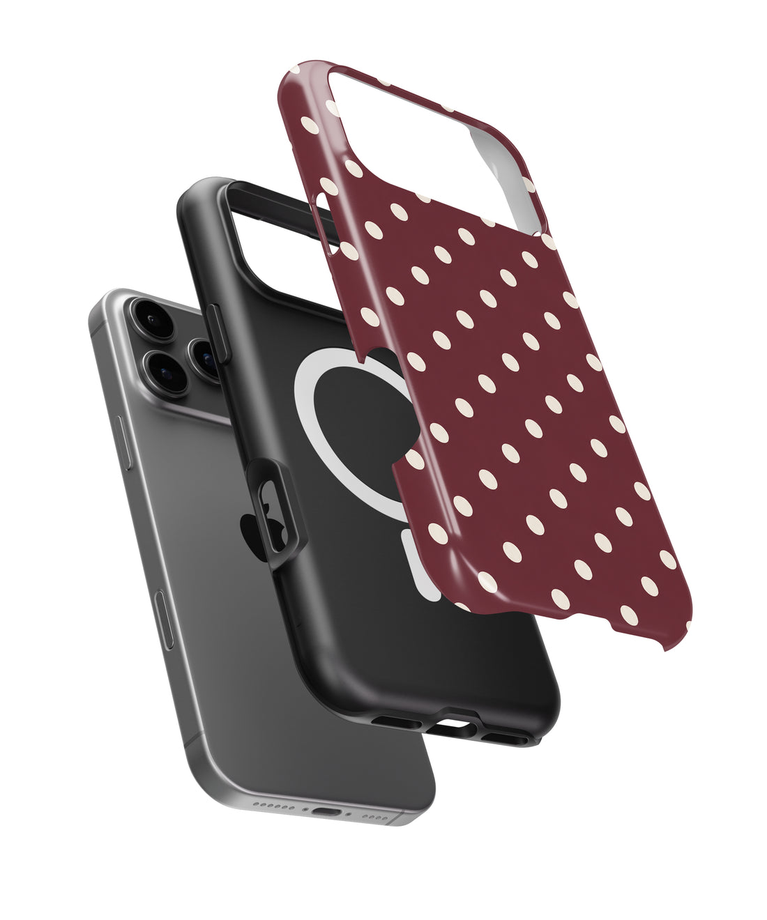 Burgundy Ivory Polka Dots MagSafe iPhone Tough Case - exploded construction view