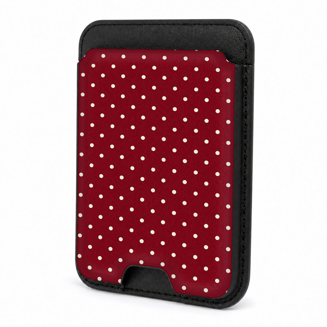Front view of the Burgundy Mini Polka Dot MagSafe card holder on a white background