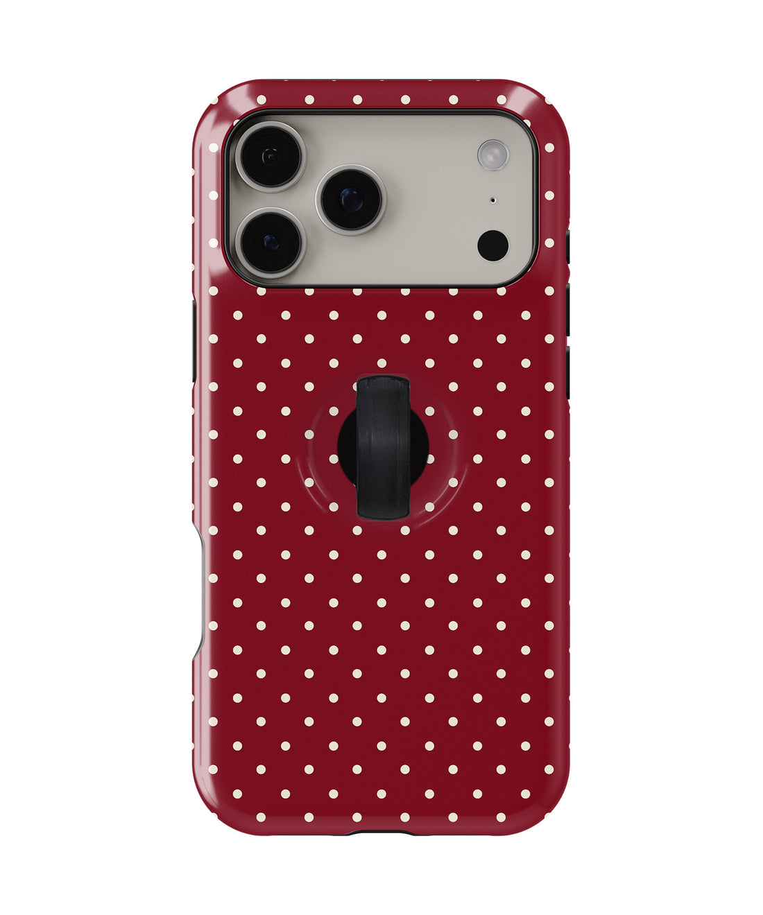 Burgundy Mini Polka Dot MagSafe Loop iPhone Case with built-in finger loop closed