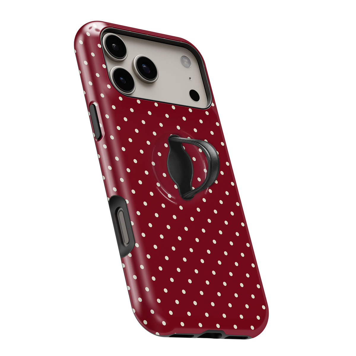 Burgundy Mini Polka Dot MagSafe Loop iPhone case with built-in finger loop open