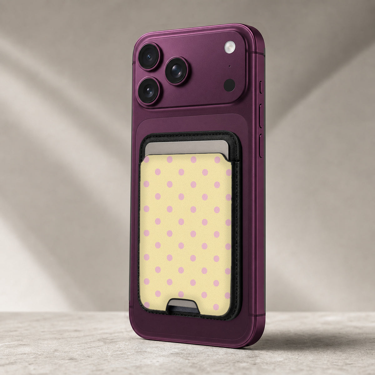 Butter Yellow Pink Polka Dots MagSafe Card Holder - rear view