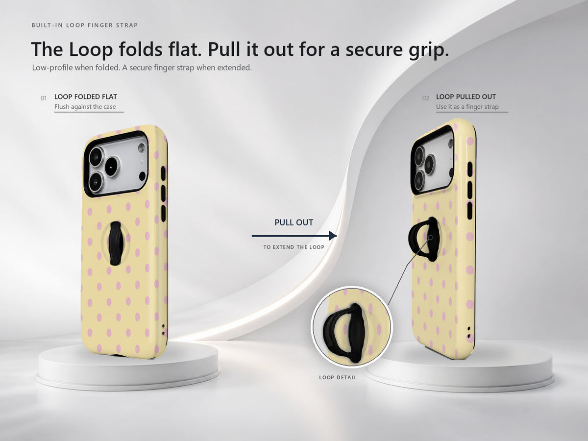 Butter Yellow Pink Polka Dots MagSafe Loop iPhone Case - finger loop detail