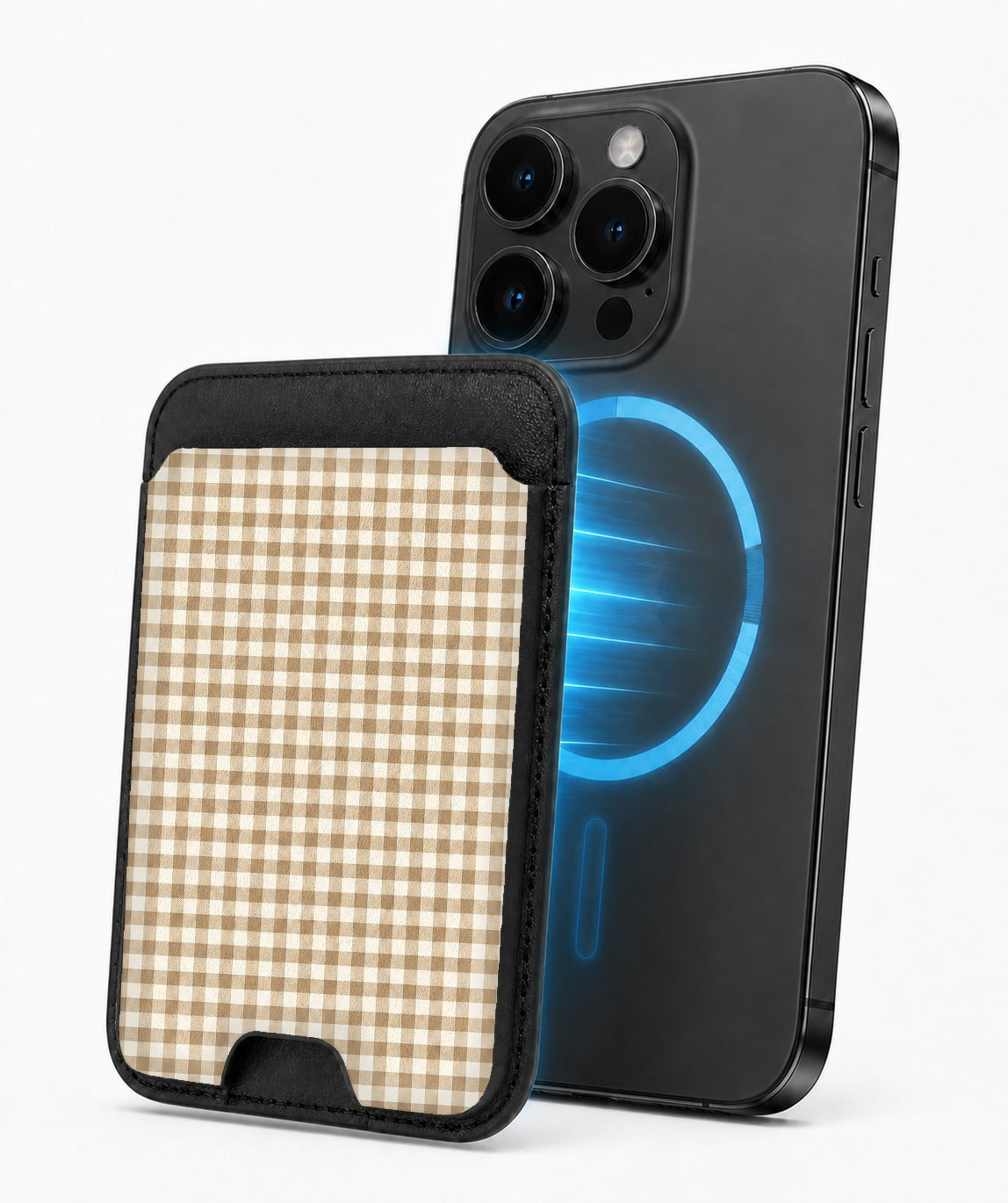 Caramel Brown and White Gingham MagSafe Card Holder, magnetic attachment to a compatible iPhone