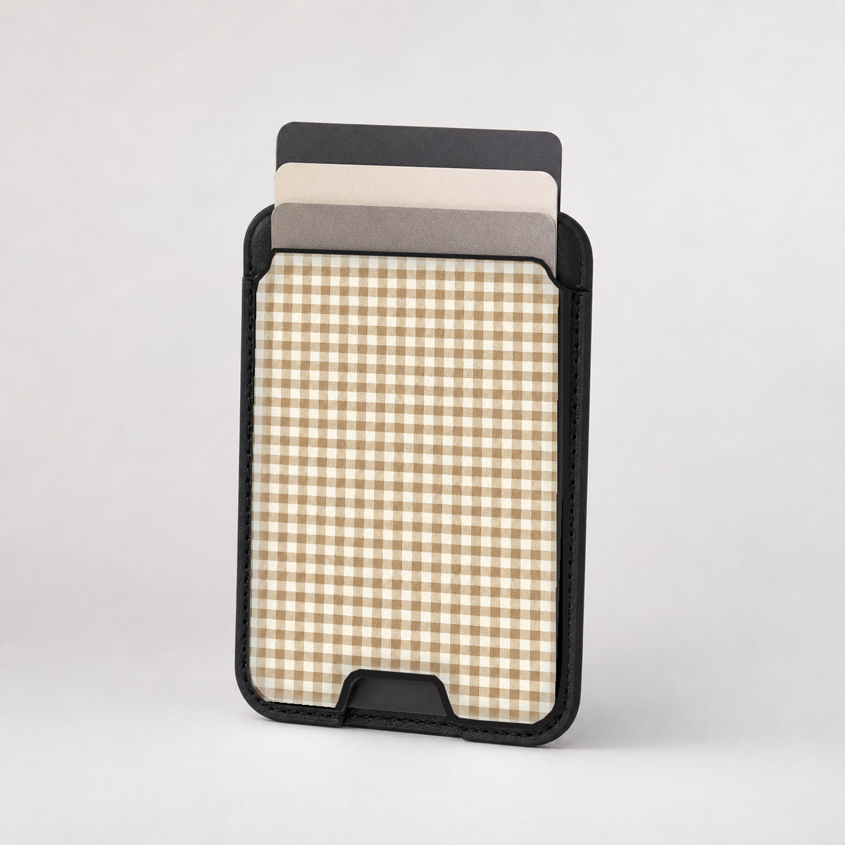 Caramel Brown and White Gingham MagSafe Card Holder, card storage shown with cards