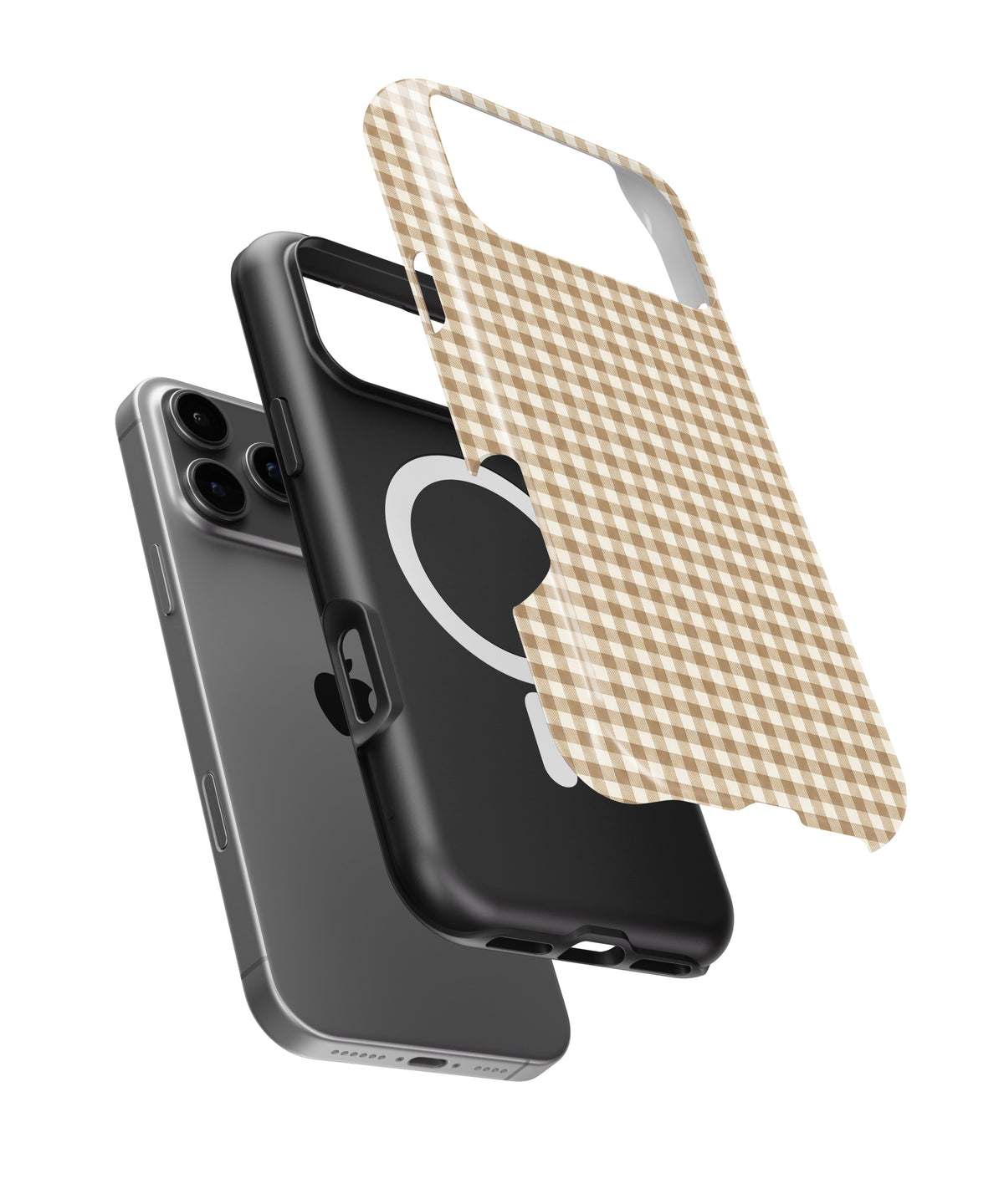 Caramel Brown and White Gingham MagSafe iPhone Tough Case, exploded view showing outer shell, inner layer and magnetic ring