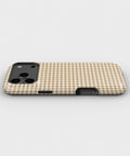 Caramel Brown and White Gingham MagSafe iPhone Tough Case, side view showing case edges