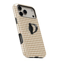 Caramel Brown and White Gingham MagSafe Loop Case, angled view with finger loop extended