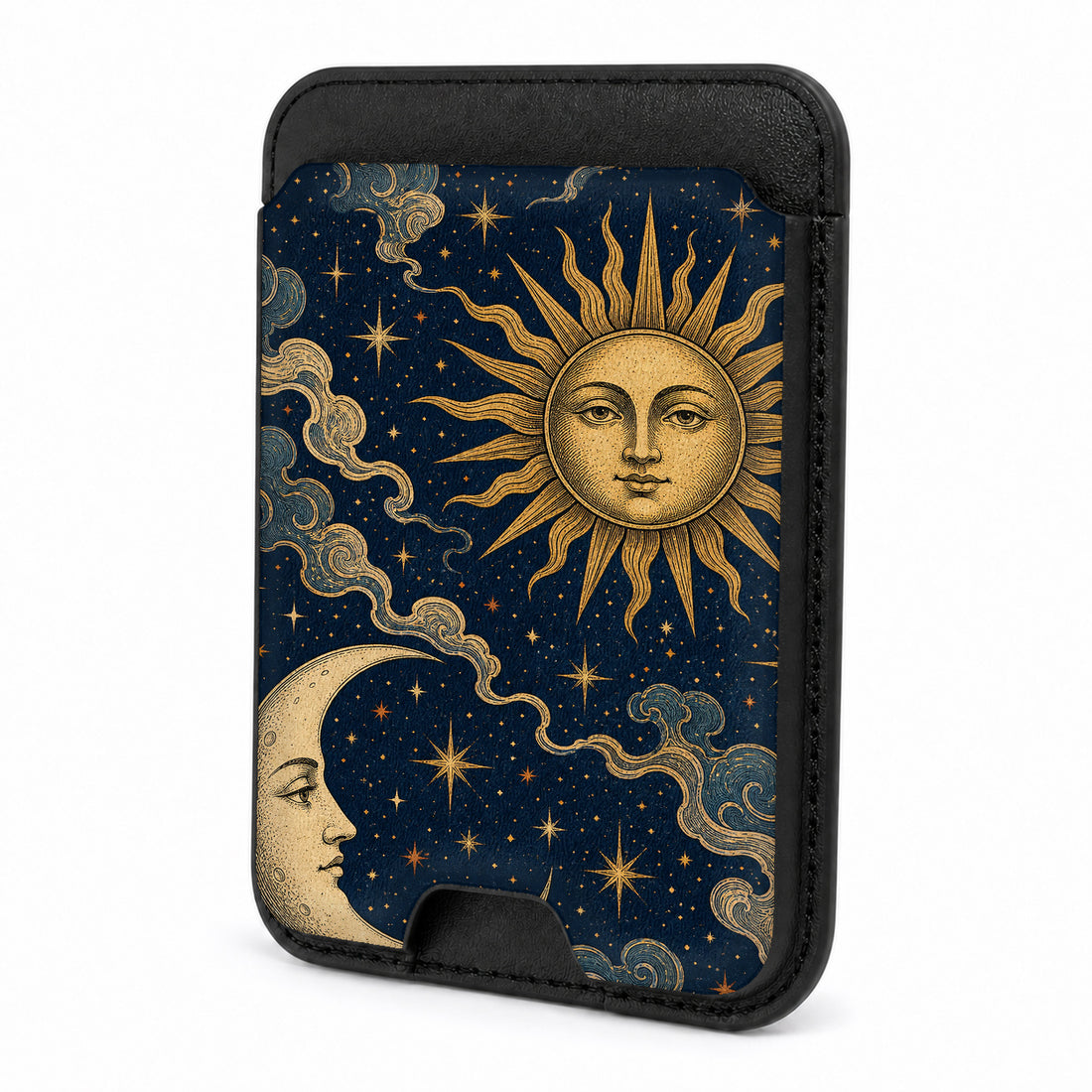 Front view of the Celestial Sun and Moon MagSafe card holder on a white background
