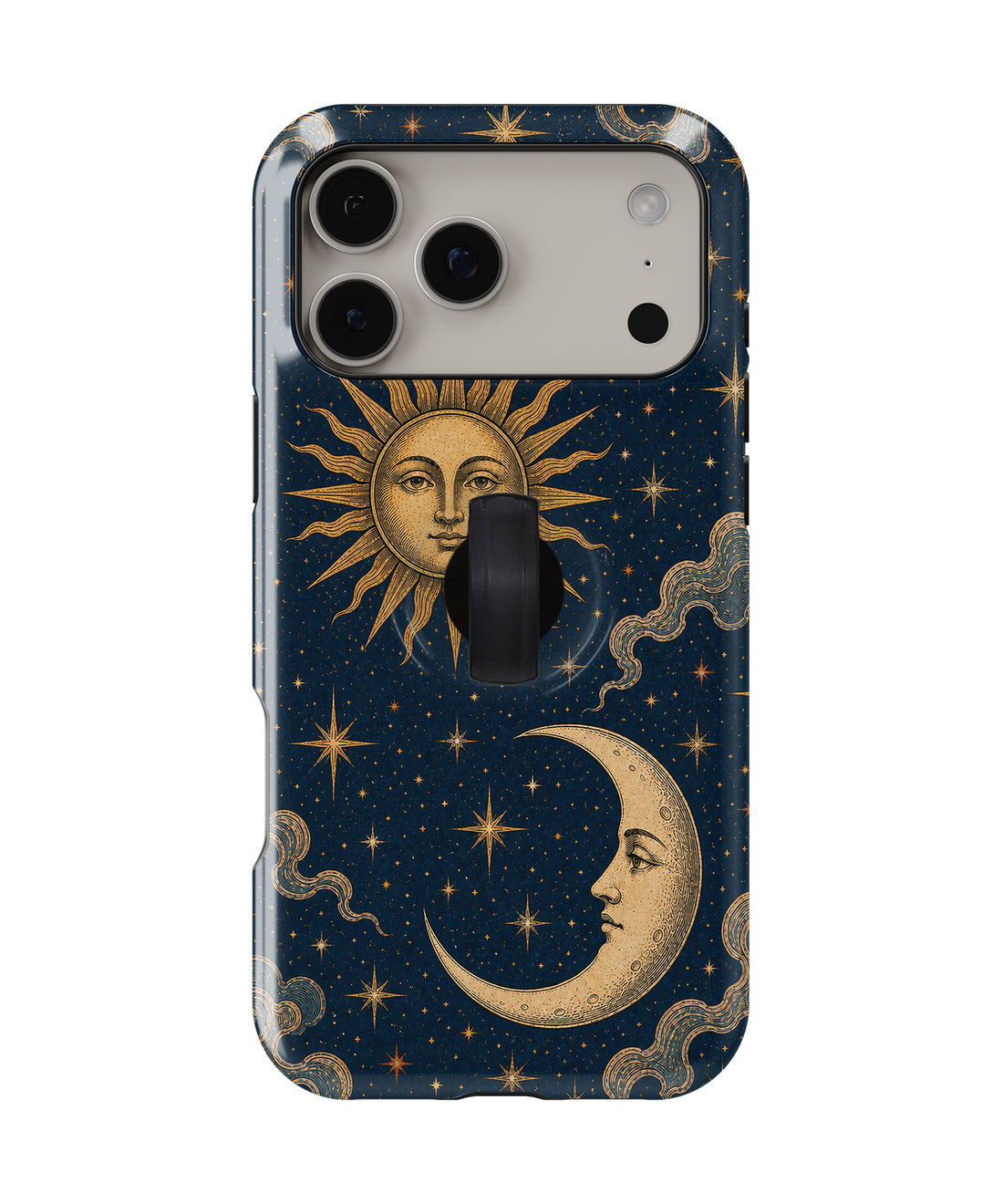 Celestial Sun and Moon MagSafe Loop iPhone Case with built-in finger loop closed